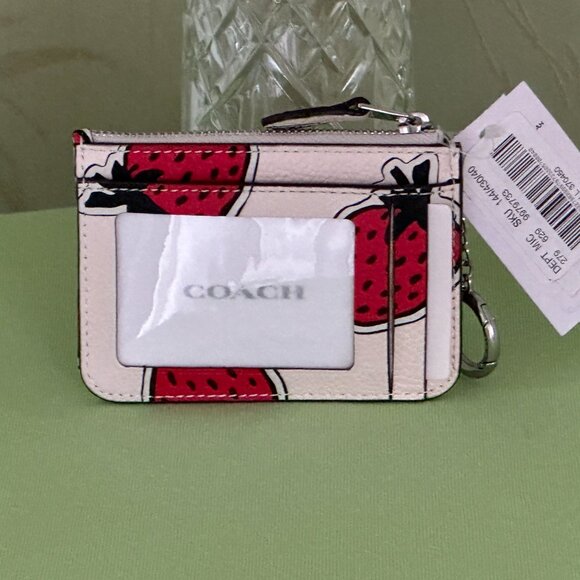 COACH STRAWBERRY PRINT LEATHER MINI SKINNY ID CASE:NWT STRAWBERRY/CHALK … - Picture 9 of 15